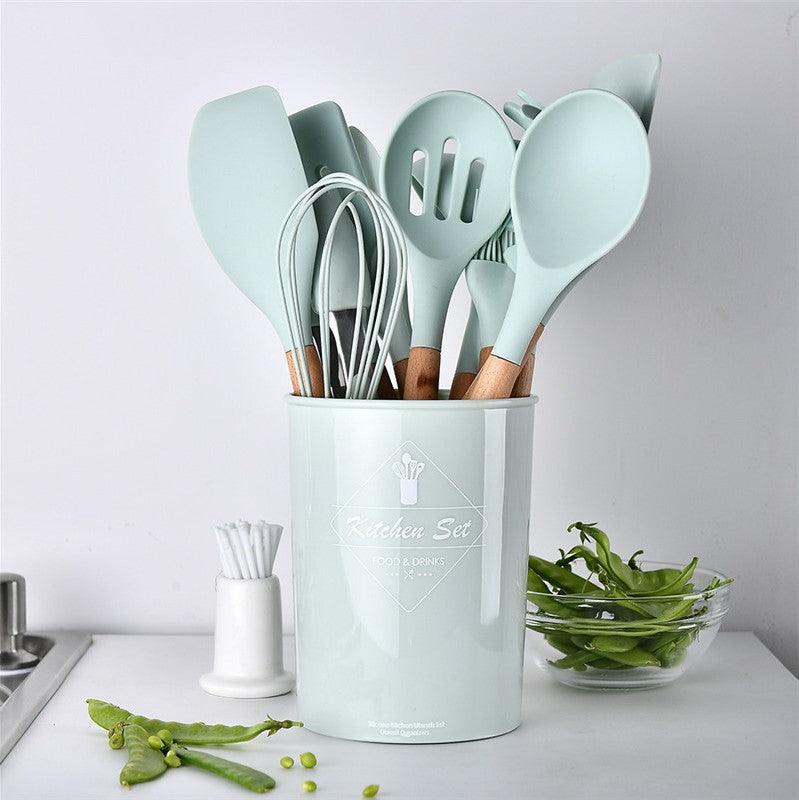 Kit Completo de Utensílios de Cozinha: 12 Peças em Silicone com Cabo de Madeira!