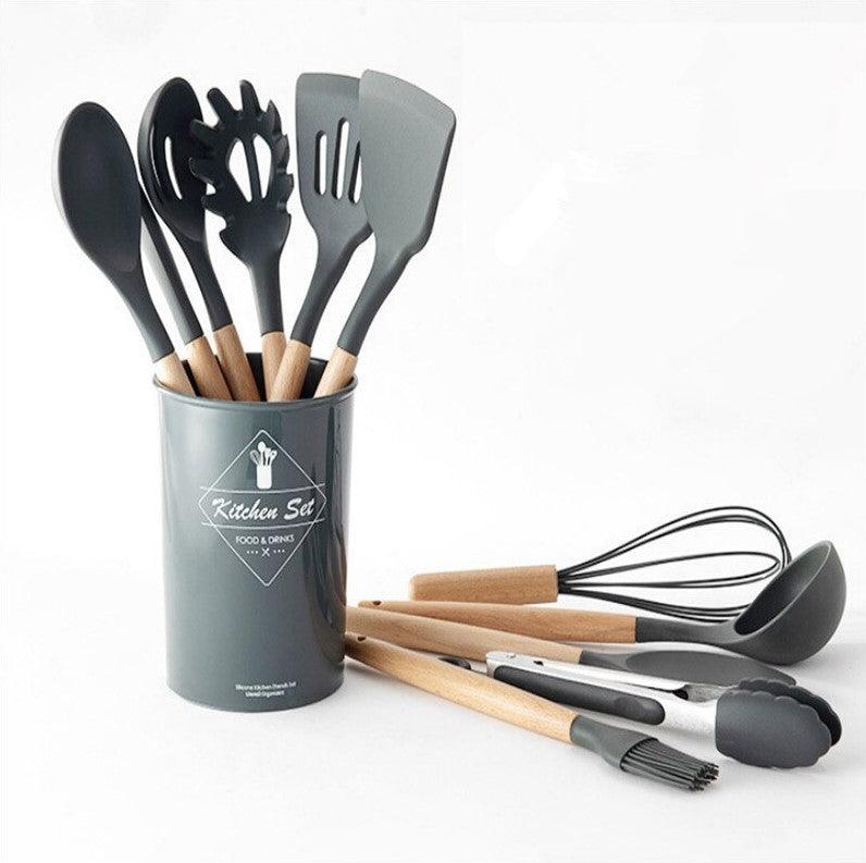 Kit Completo de Utensílios de Cozinha: 12 Peças em Silicone com Cabo de Madeira!