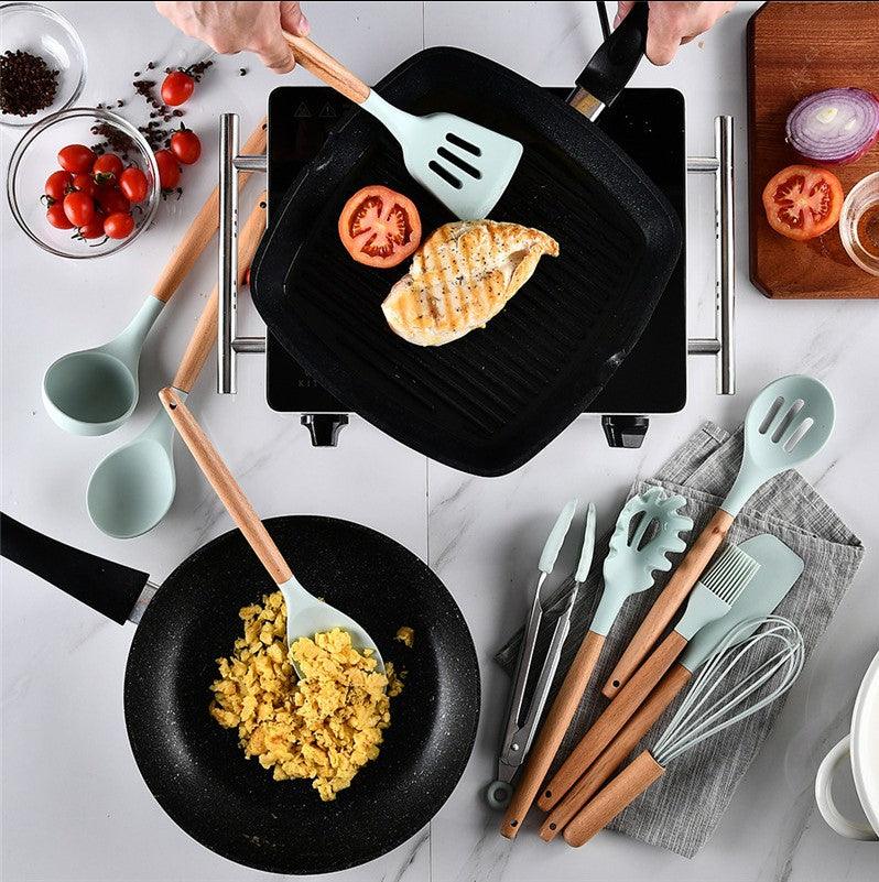 Kit Completo de Utensílios de Cozinha: 12 Peças em Silicone com Cabo de Madeira!