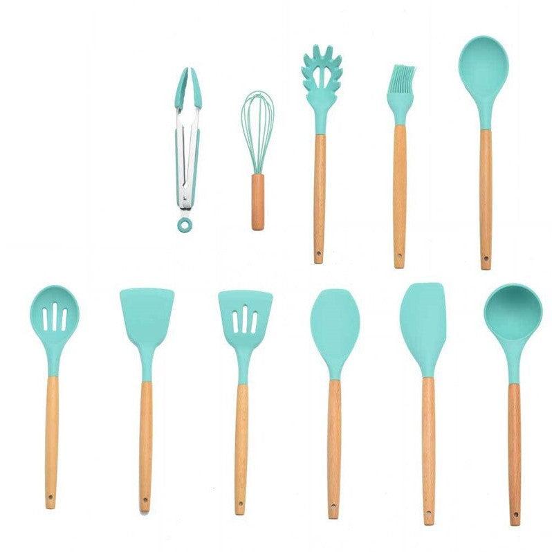 Kit Completo de Utensílios de Cozinha: 12 Peças em Silicone com Cabo de Madeira!