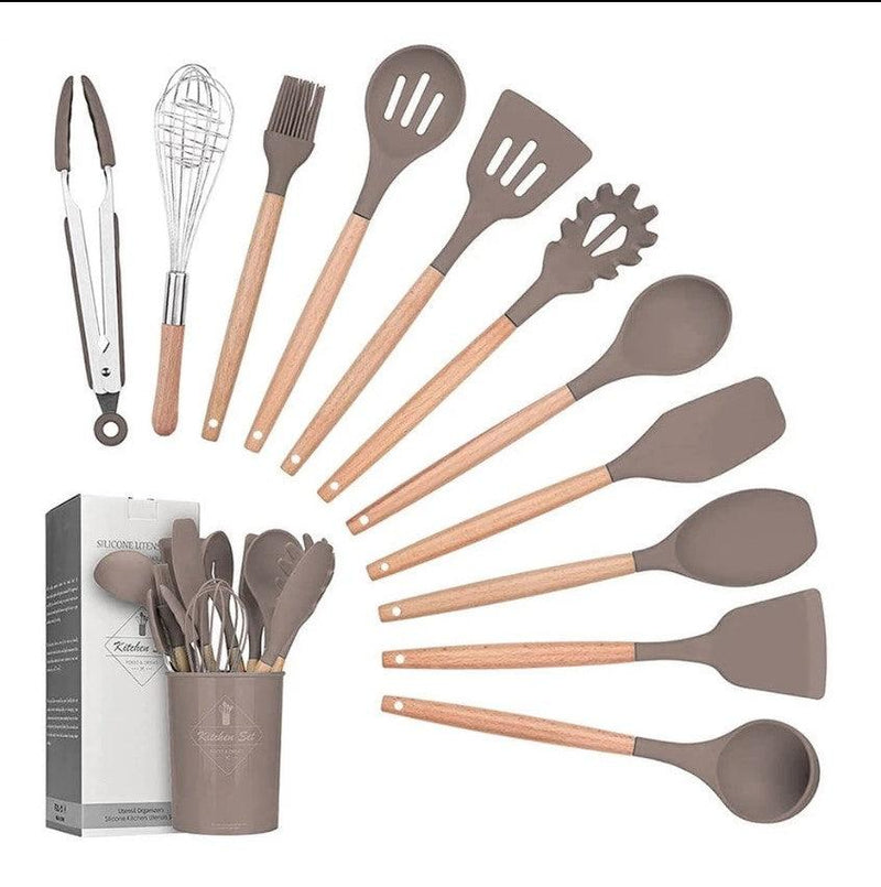 Kit Completo de Utensílios de Cozinha: 12 Peças em Silicone com Cabo de Madeira!