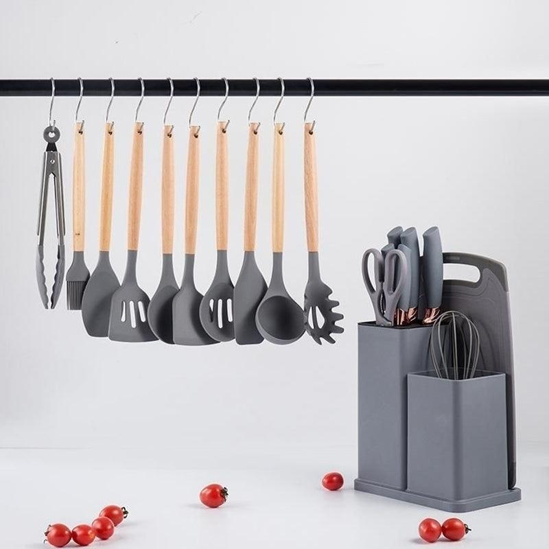 Kit Utensílios De Cozinha Com 19 Peças Em Silicone E Cabo Madeira – Cor Sortida