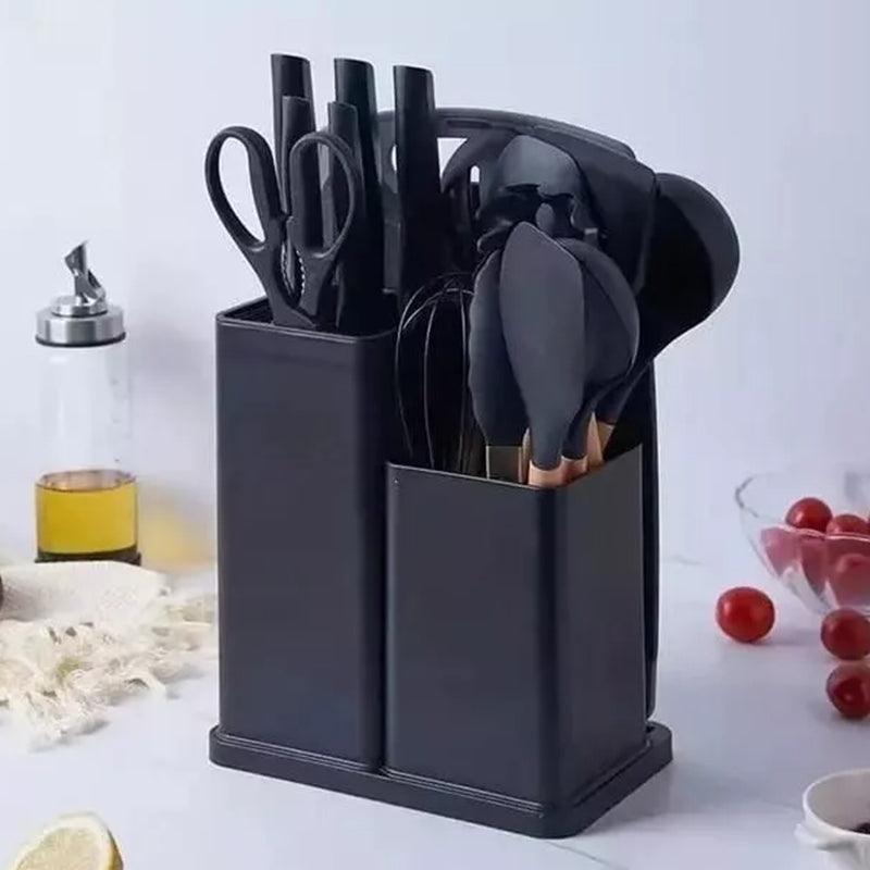 Kit Utensílios De Cozinha Com 19 Peças Em Silicone E Cabo Madeira – Cor Sortida