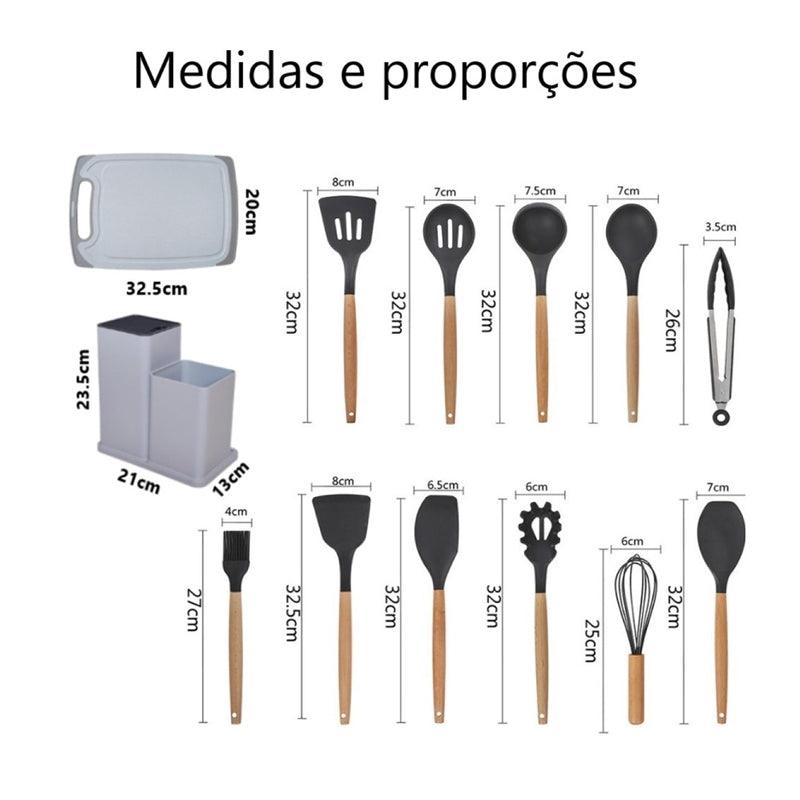 Kit Utensílios De Cozinha Com 19 Peças Em Silicone E Cabo Madeira – Cor Sortida