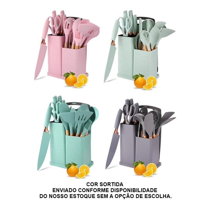 Kit Utensílios De Cozinha Com 19 Peças Em Silicone E Cabo Madeira – Cor Sortida