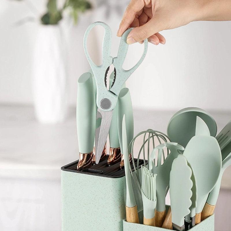 Kit Utensílios De Cozinha Com 19 Peças Em Silicone E Cabo Madeira – Cor Sortida