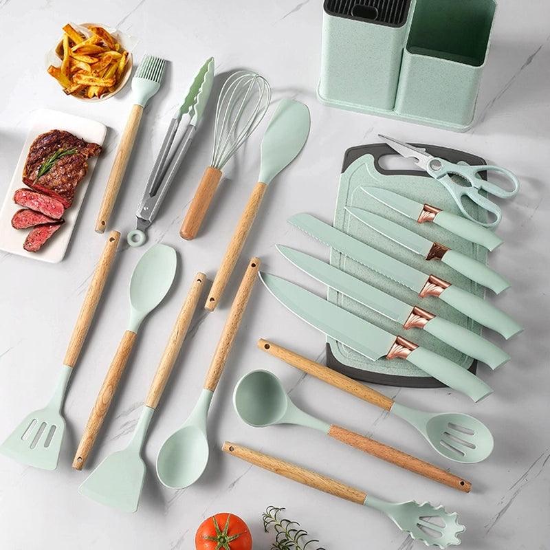 Kit Utensílios De Cozinha Com 19 Peças Em Silicone E Cabo Madeira – Cor Sortida