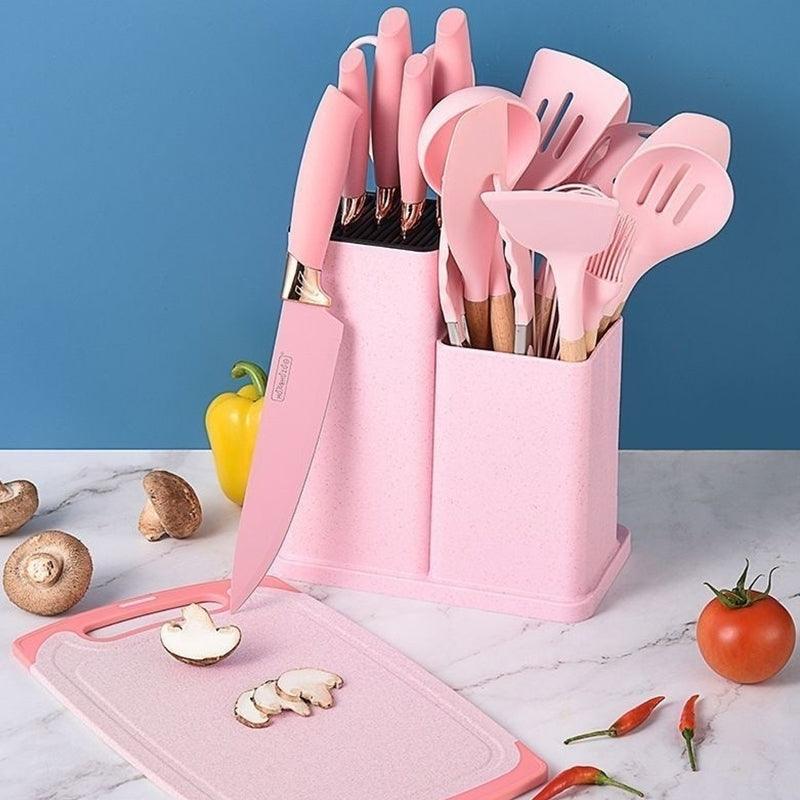 Kit Utensílios De Cozinha Com 19 Peças Em Silicone E Cabo Madeira – Cor Sortida