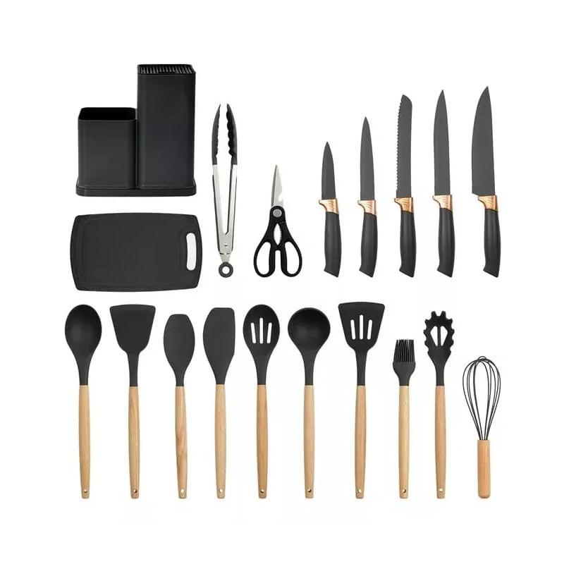 Kit Utensílios De Cozinha Com 19 Peças Em Silicone E Cabo Madeira – Cor Sortida